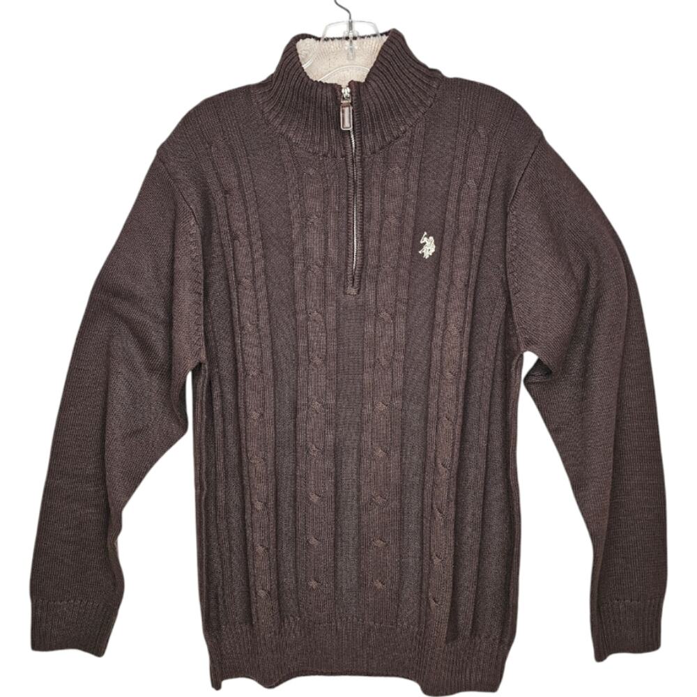 U.S. Polo Assn. Brown Quarter Zip Cable Knit Sweater Sharpa Lined Collar Medium